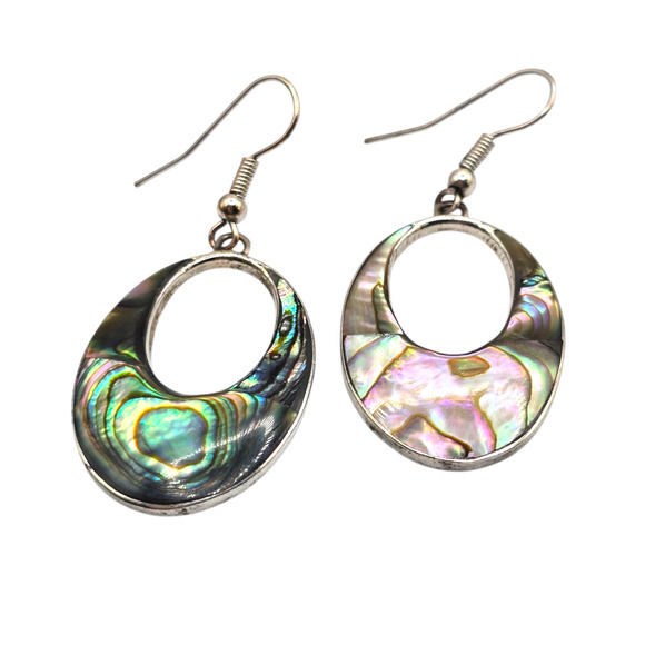 Pierced Earrings Vintage Alpaca Abalone Inlay Green Pink Dangle Hoop SKU2403 - Picture 1 of 7